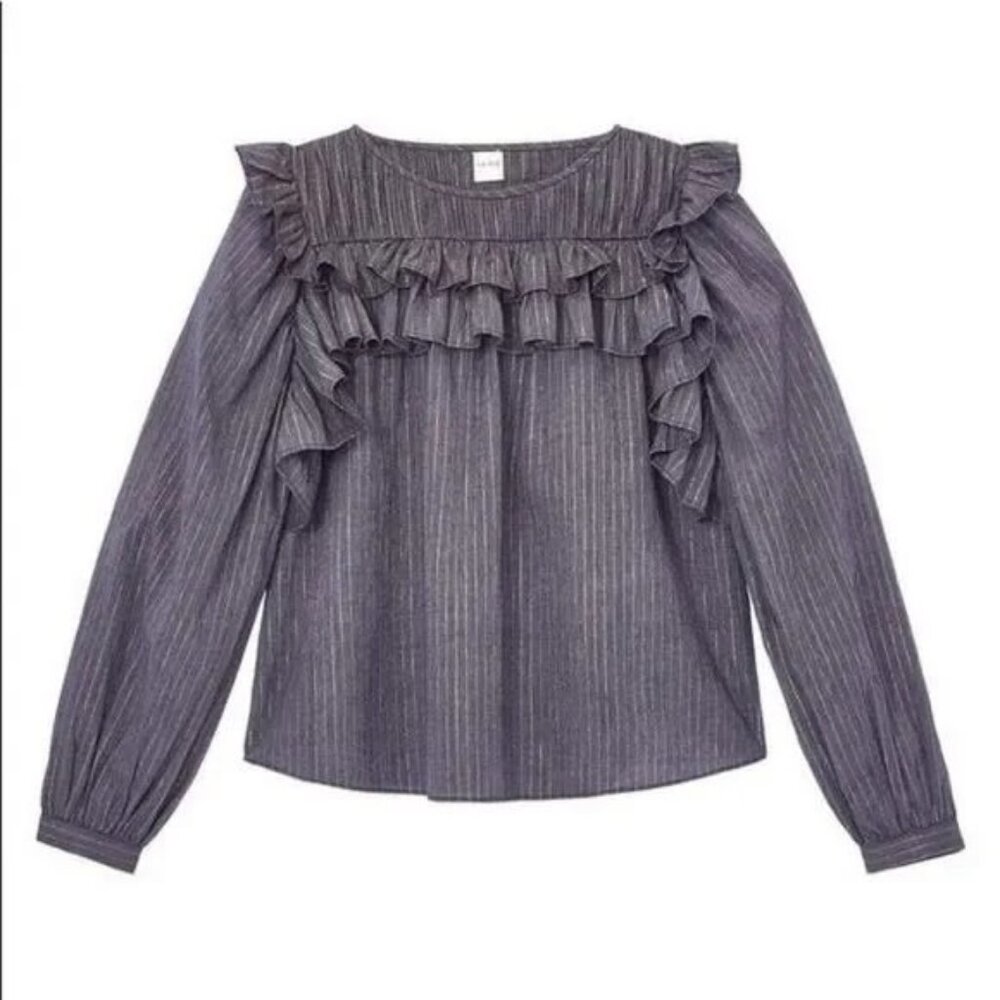Rebecca Taylor Gray Lurex Ruffle Peasant Long Sleeve Blouse - Picture 2 of 5